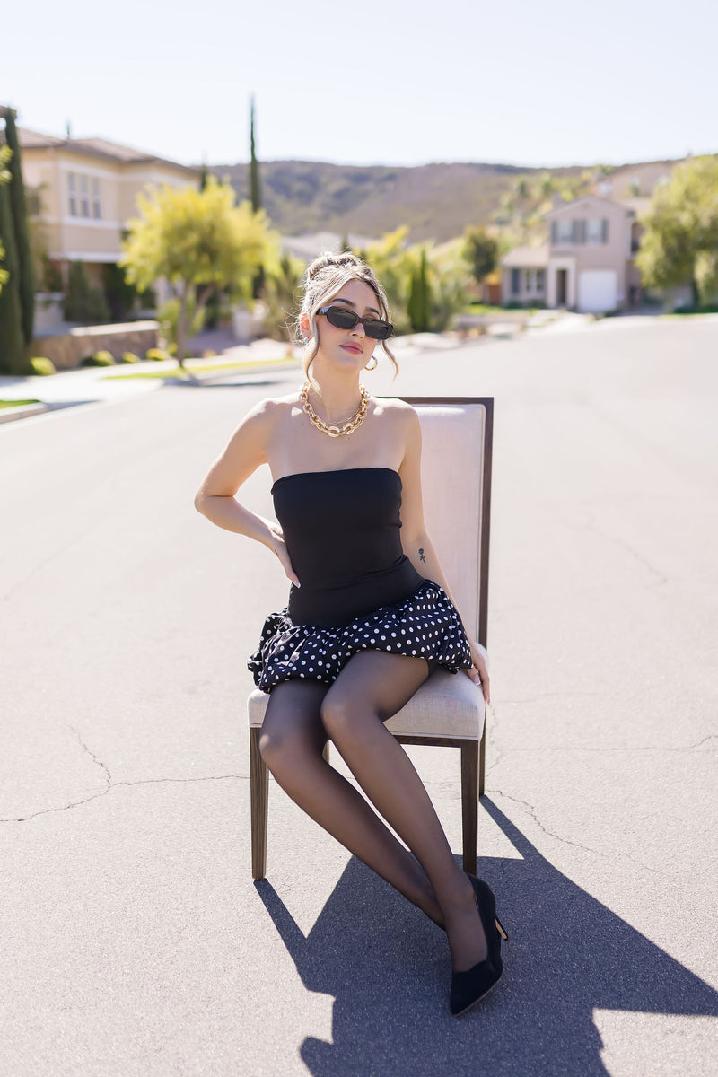 Sleeveless Polka Dot Print Bubble Mini Dress Black