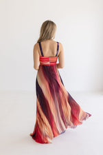 Sleeveless Abstract Print Pleated Maxi Dress Red