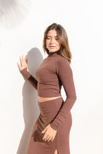 Long Sleeve Mock Neck Rib Knit Crop Top Brown