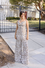 Sleeveless Cowl Neck Zebra Print Jumpsuit Brown