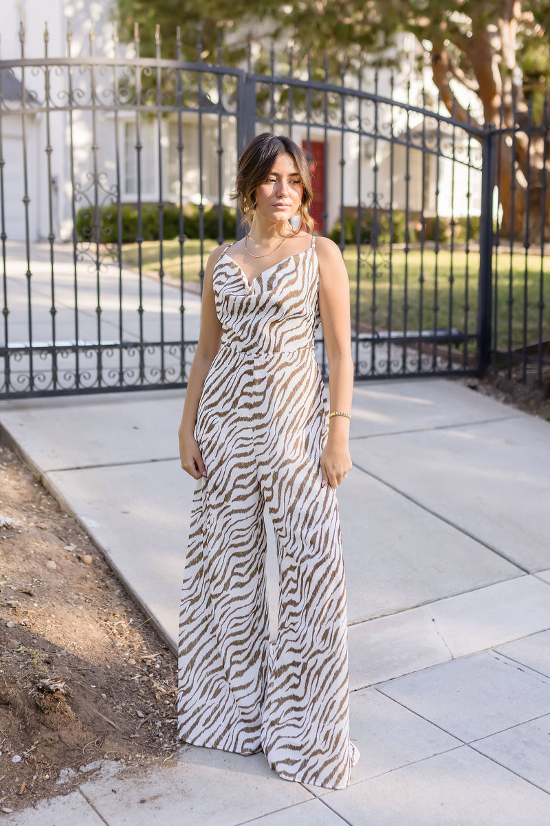 Sleeveless Cowl Neck Zebra Print Jumpsuit Brown