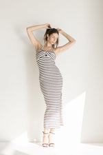 Sleeveless Halter Tie Stripe Print Knit Maxi Dress Black