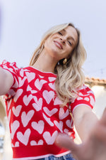 Short Puff Sleeve Heart Print Sweater Top Red