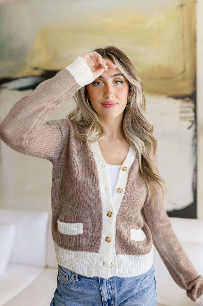 Long Sleeve Button Down Contrast Knit Cardigan Taupe