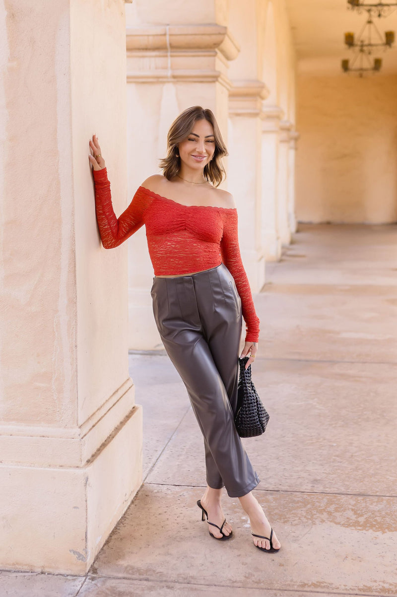 Long Sleeve Off The Shoulder Lace Top Red