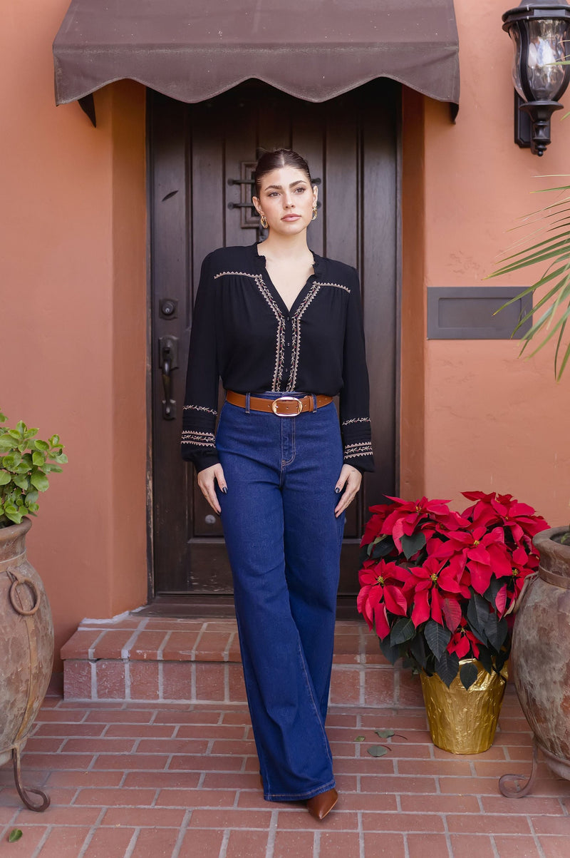  Long Sleeve Embroidered Button Down Top Black