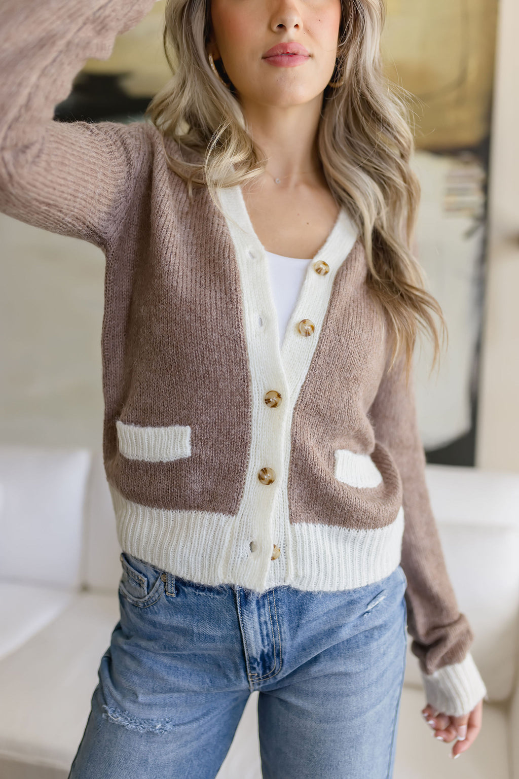 Long Sleeve Button Down Contrast Knit Cardigan Taupe