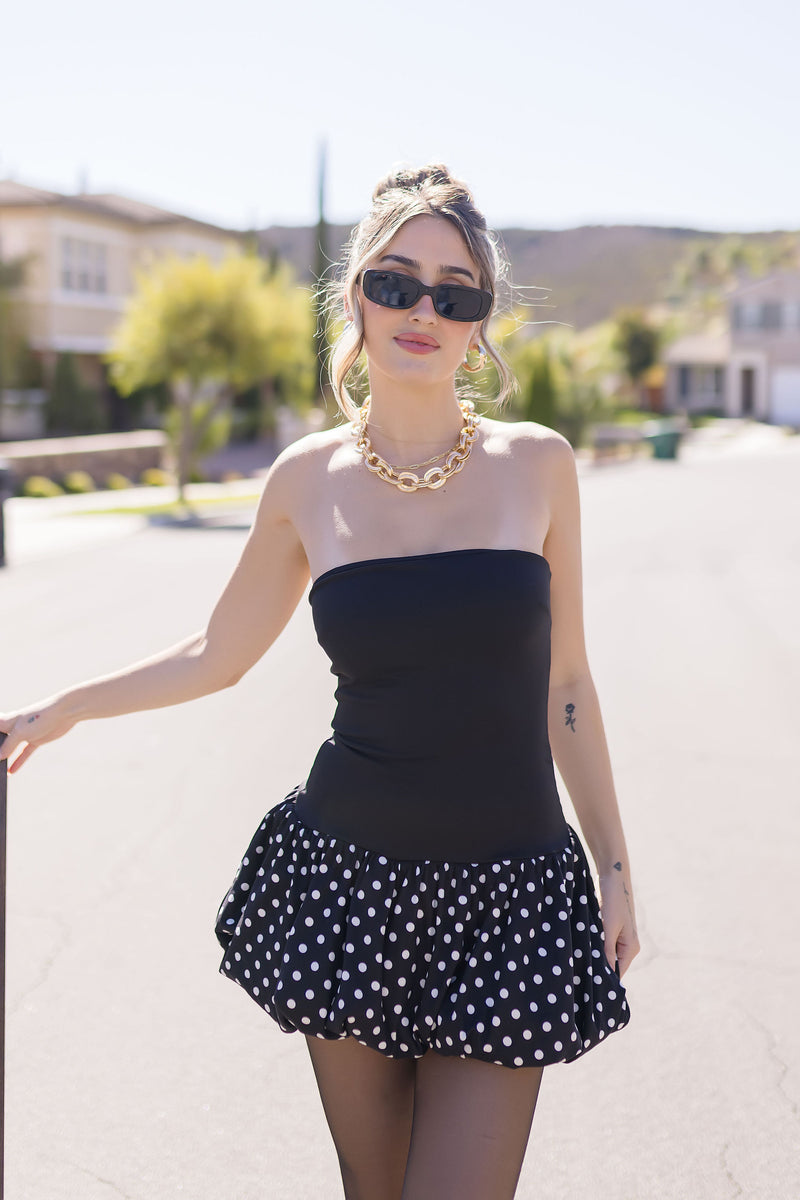 Sleeveless Polka Dot Print Bubble Mini Dress Black