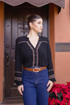  Long Sleeve Embroidered Button Down Top Black