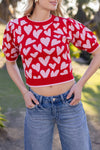 Short Puff Sleeve Heart Print Sweater Top Red