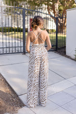 Sleeveless Cowl Neck Zebra Print Jumpsuit Brown