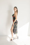 Sleeveless Back Tie Floral Print Ruffle Midi Dress Black