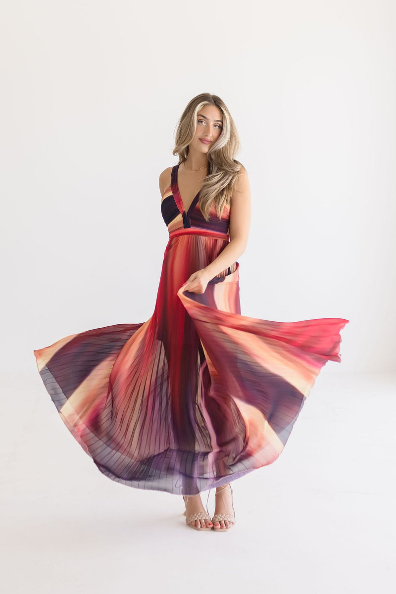 Sleeveless Abstract Print Pleated Maxi Dress Red