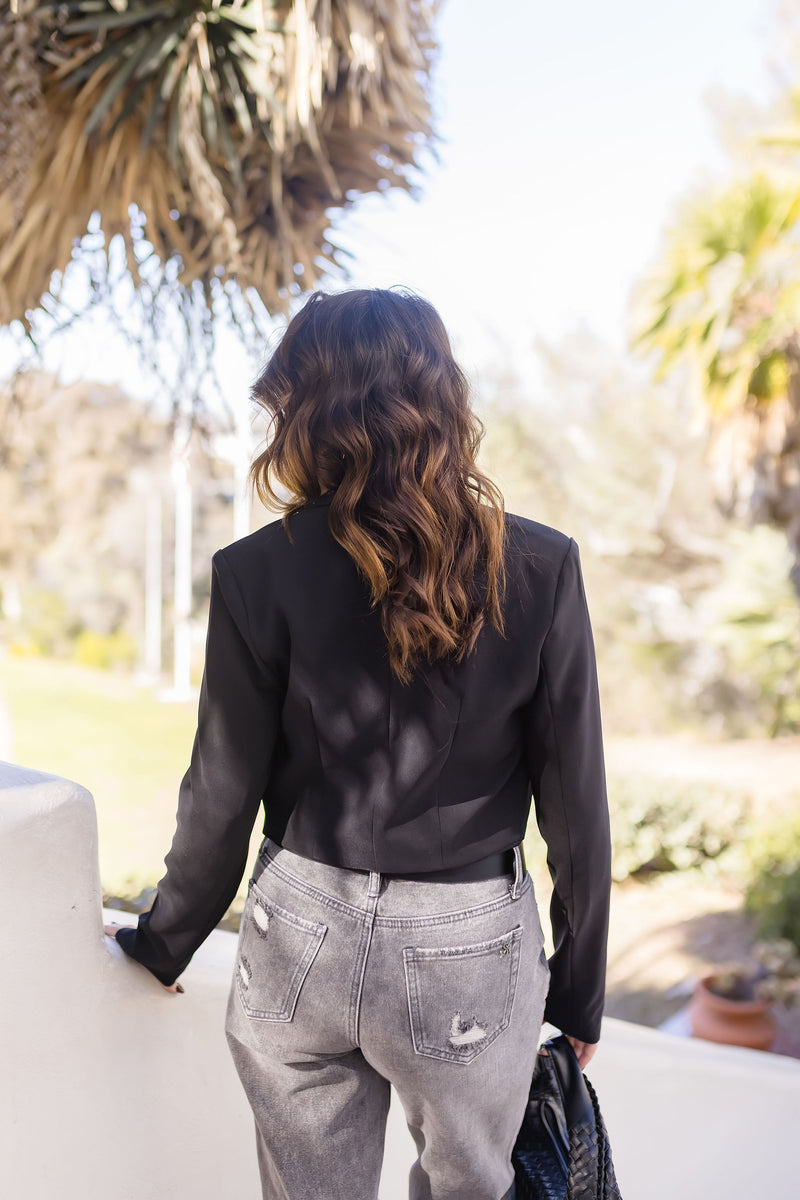 Long Sleeve Notched Lapel Crop Blazer Black