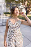 Sleeveless Cowl Neck Zebra Print Jumpsuit Brown