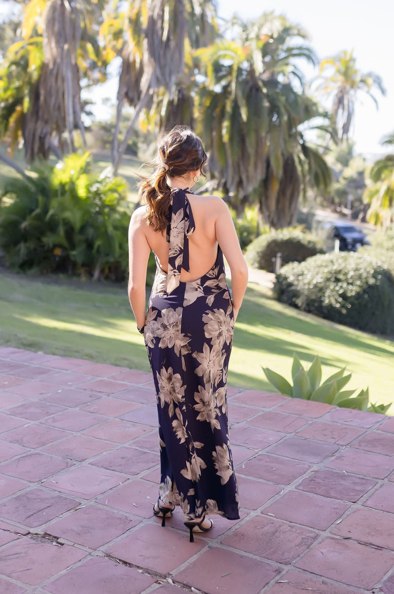 Halter Neck Floral Print Maxi Dress Black