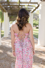 Sleeveless Cross Back Floral Print Ruffle Midi Dress Pink