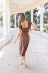  Short Sleeve Button Down Polka Dot Print Midi Dress Brown