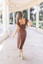  Short Sleeve Button Down Polka Dot Print Midi Dress Brown