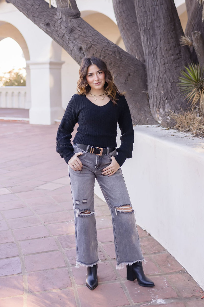  Long Puff Sleeves Ribbed Sweater Top Black