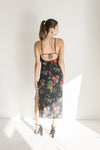 Sleeveless Back Tie Floral Print Ruffle Midi Dress Black