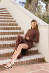 Long Sleeve Mock Neck Rib Knit Crop Top Brown