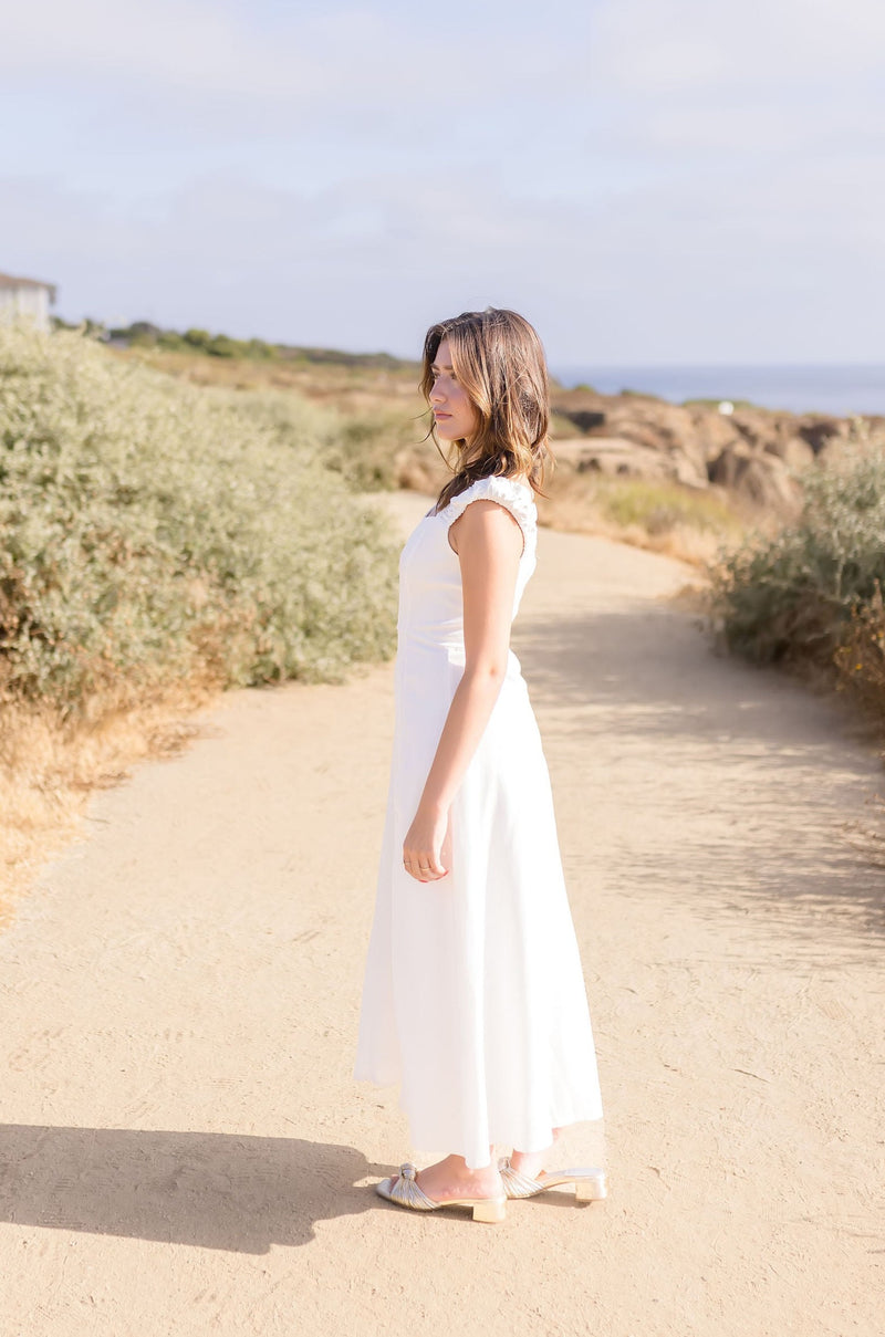 Cap Sleeve Linen Midi Dress White