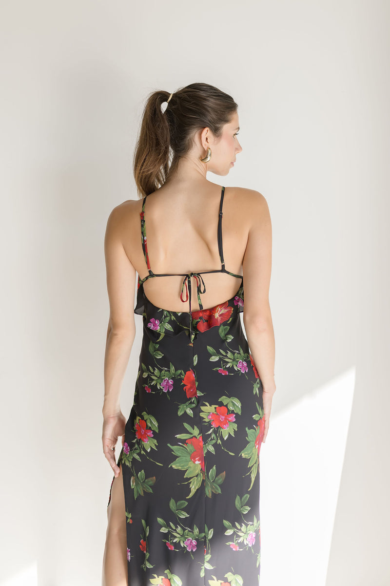 Sleeveless Back Tie Floral Print Ruffle Midi Dress Black