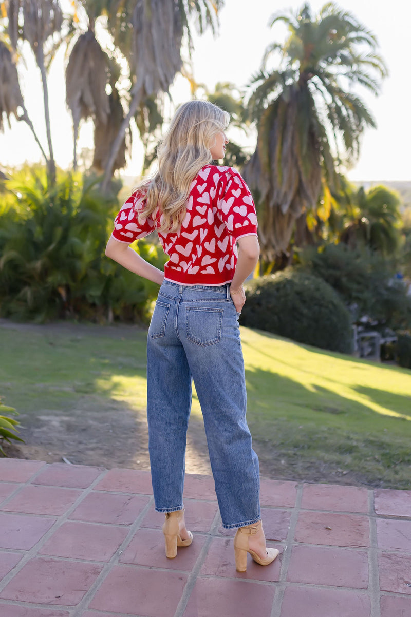 Short Puff Sleeve Heart Print Sweater Top Red