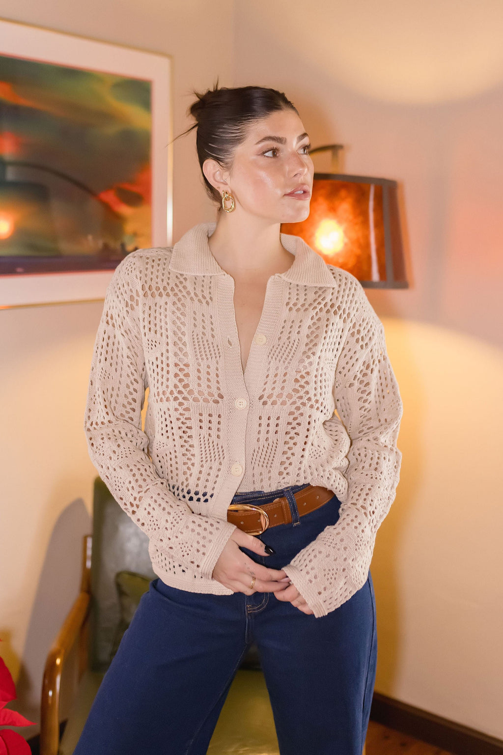  Long Sleeve Button Down Crochet Cardigan Top Natural