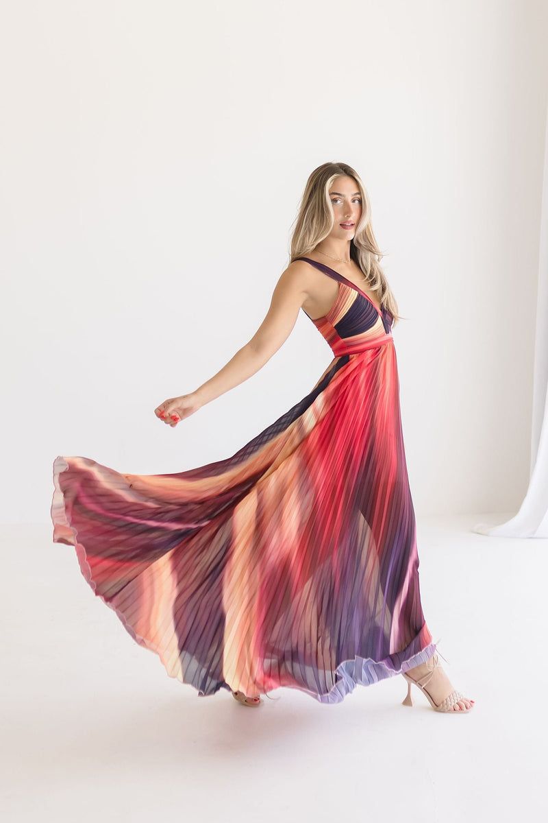 Sleeveless Abstract Print Pleated Maxi Dress Red