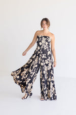 Sleeveless Floral Print Wide Leg Jumpsuit Black