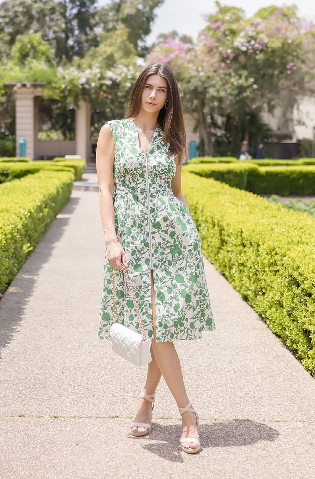 Shoulder Pad Sleeve Floral Print Midi Dress Green