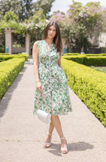 Shoulder Pad Sleeve Floral Print Midi Dress Green