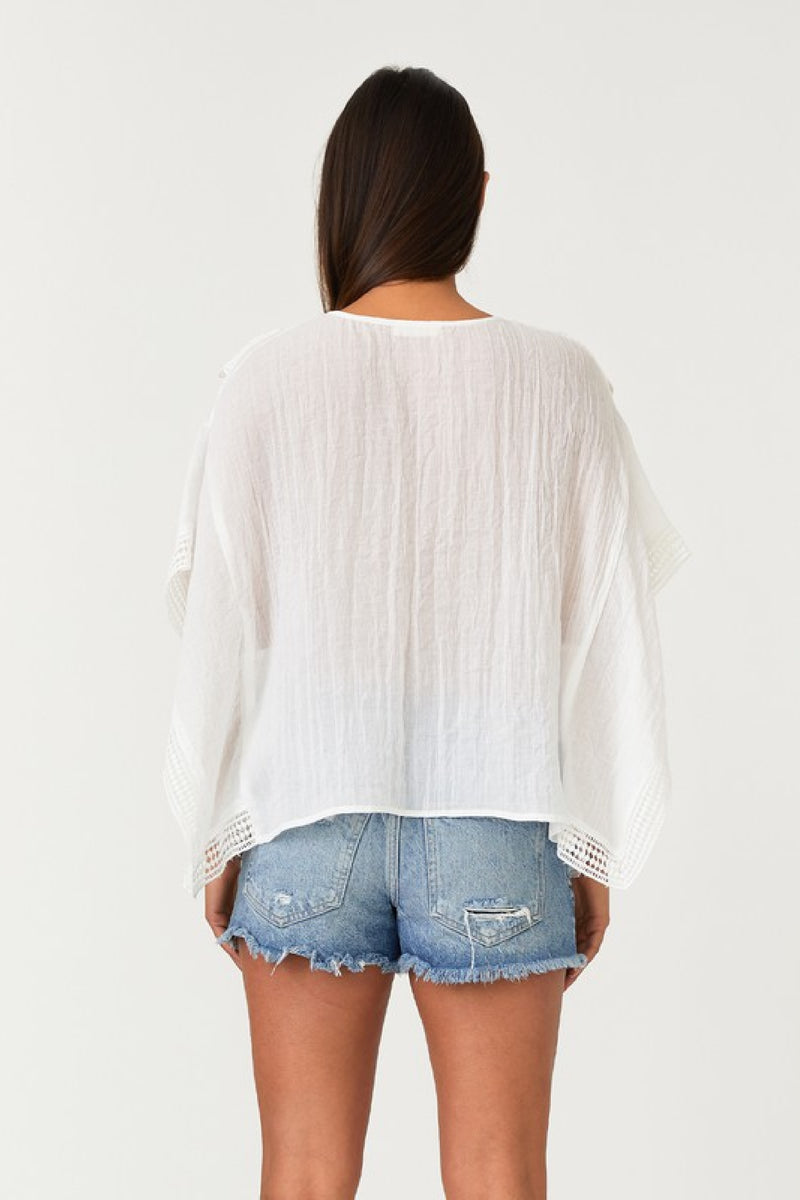 Short Kimono Sleeve Crochet Top White