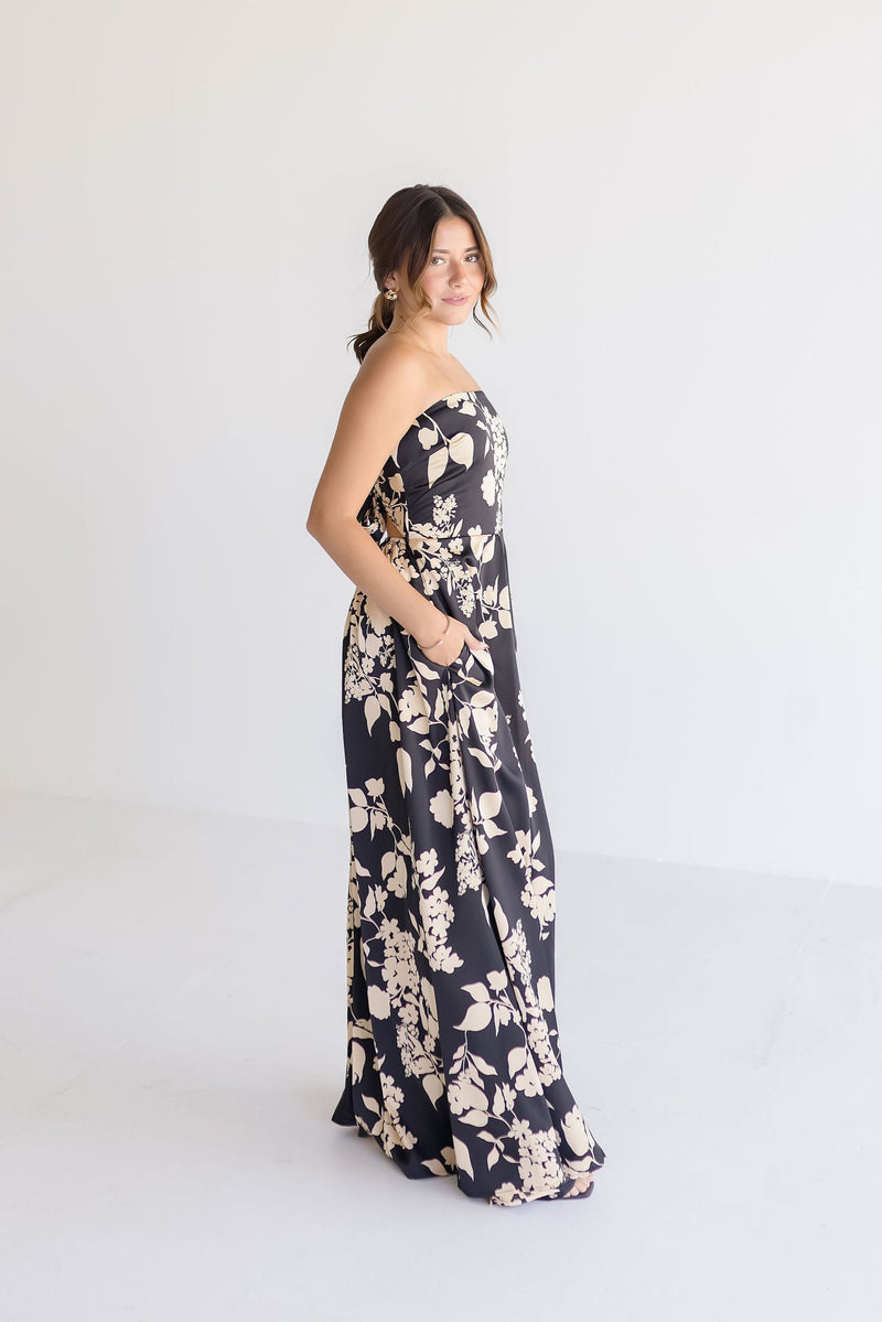 Sleeveless Floral Print Wide Leg Jumpsuit Black