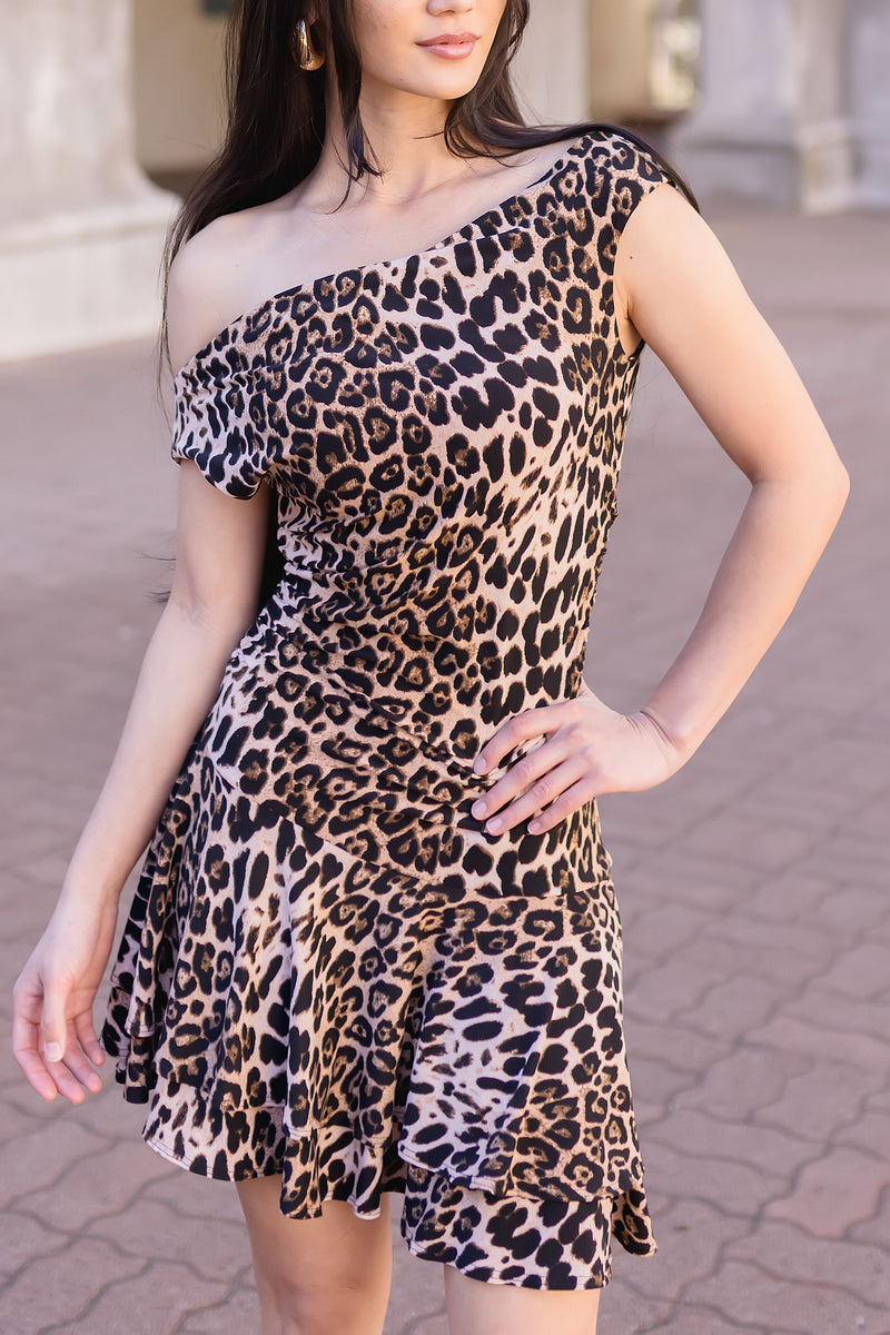 Asymmetrical Shoulder Leopard Print Mini Dress Brown