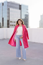  Long Sleeve Houndstooth Print Tweed Coat Pink