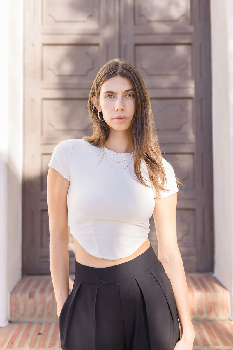 Short Sleeve Corset Crop Top Cream