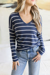 Long Sleeve Stripe Print Knit Top Navy