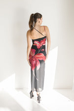 Sleeveless One Shoulder Mesh Floral Print Maxi Dress Black