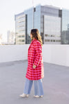  Long Sleeve Houndstooth Print Tweed Coat Pink