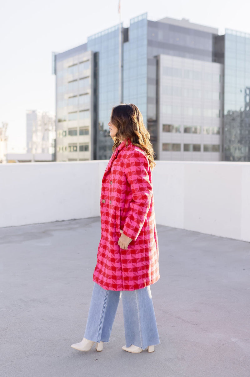  Long Sleeve Houndstooth Print Tweed Coat Pink