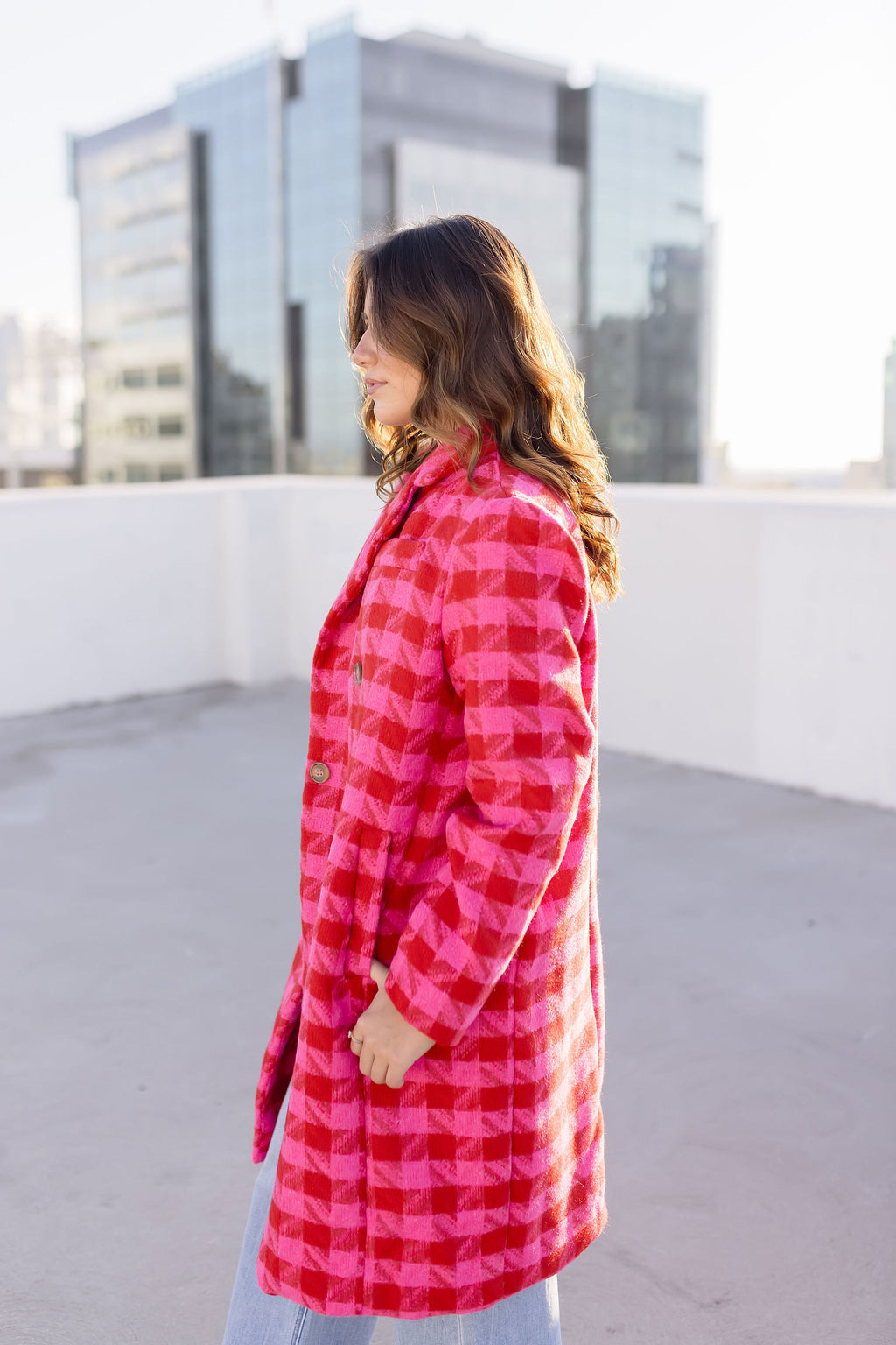  Long Sleeve Houndstooth Print Tweed Coat Pink