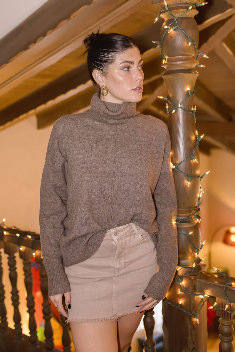 Long Sleeve Turtleneck Sweater Top Taupe