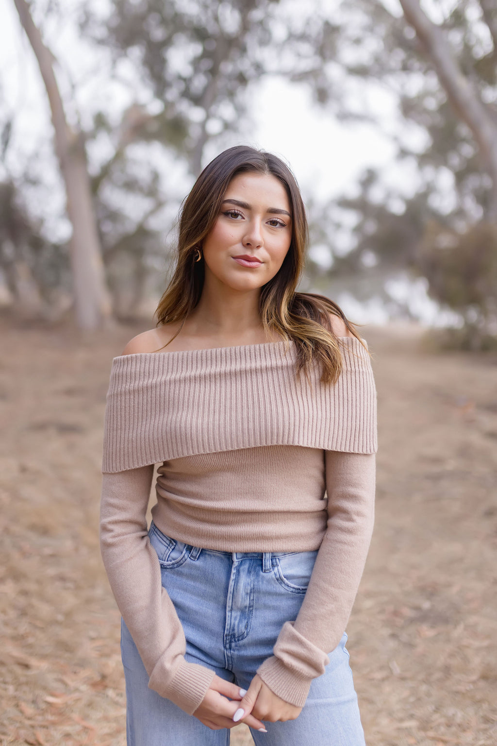 Long Sleeve Off The Shoulder Sweater Top Taupe