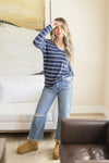 Long Sleeve Stripe Print Knit Top Navy