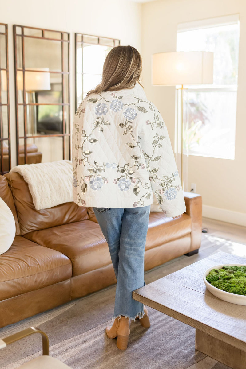 Long Sleeve Floral Embroidered Quilted Shacket White