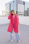  Long Sleeve Houndstooth Print Tweed Coat Pink