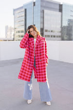  Long Sleeve Houndstooth Print Tweed Coat Pink